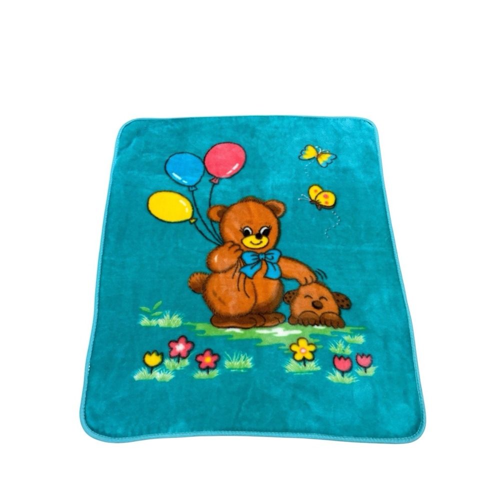 Baby Mink Blanket Teddy Bear Dog Balloons Plush Blue Teal Colorful Warm Vintage